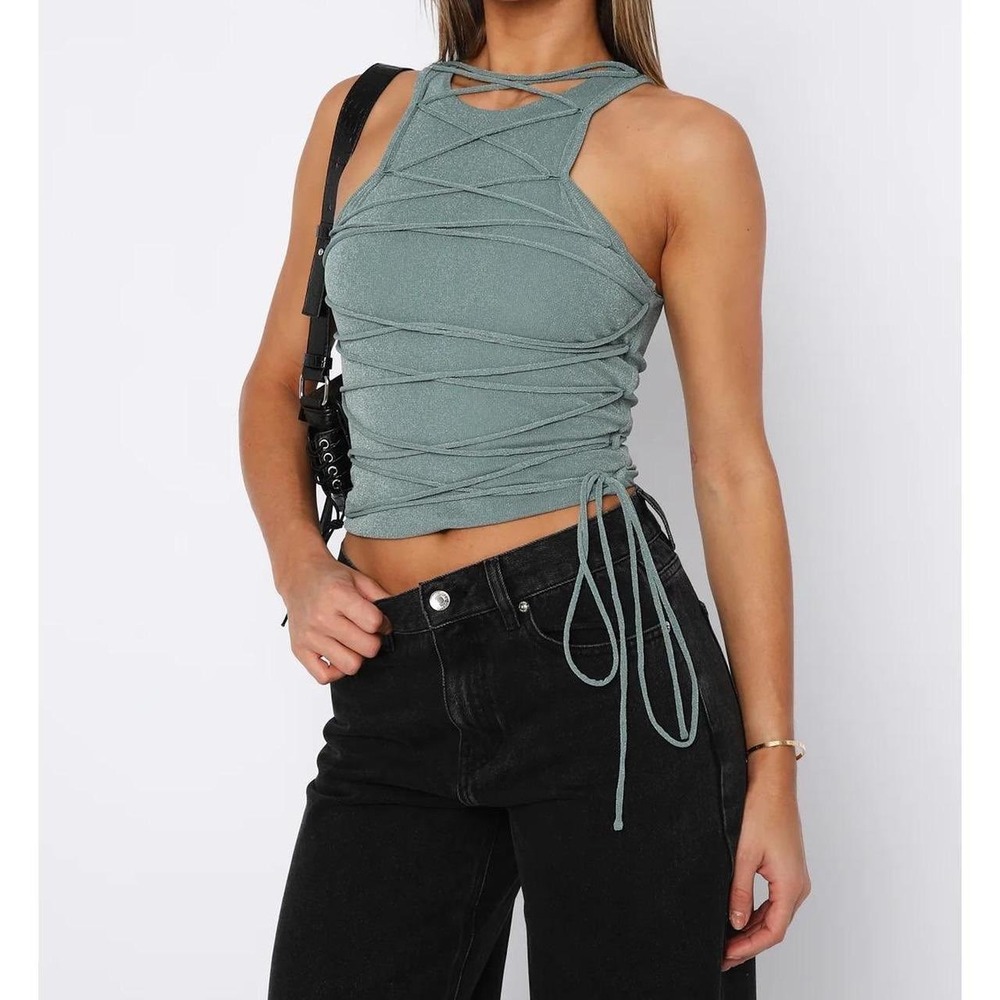 White Fox Without A Trace Top Sage Green‎ Metallic Strappy Halter Y2K Size M